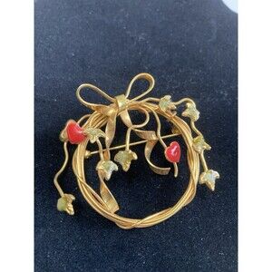 Vintage Gold Twisted Wire Brooch With Bow Enamel Hearts And Leaves